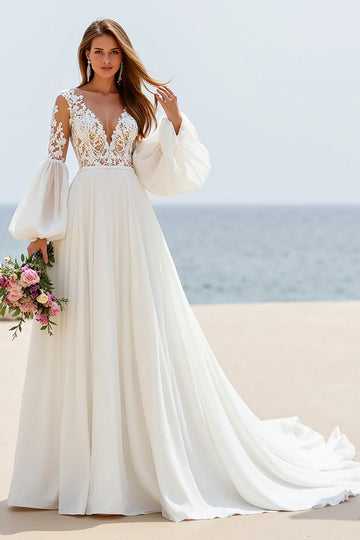 Ivory Appliqued A Line Wedding Dress with Puff Sleeves